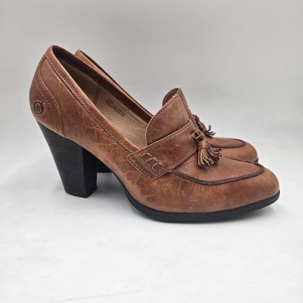 Born Nance Preppy Loafer Heels 9.5 M Brown Distressed Leather Tassel Pumps